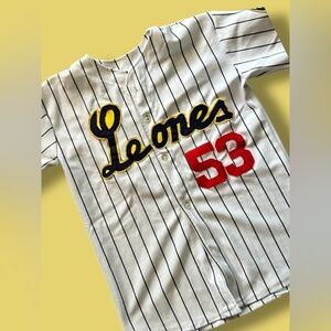 Youth   Baseball Jersey Leones #53 Vintage White Pin Stripe Short Sleeve 90s